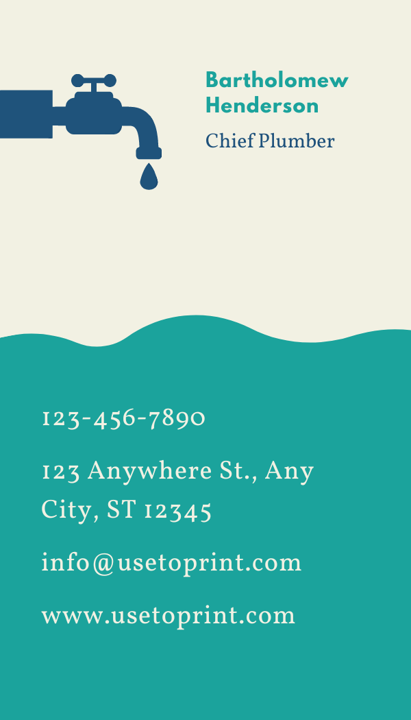 Cream Blue and Teal Illustrative Chief Plumber Business Card